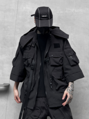 Dark Solid Color Jacket Functional Style Loose Techwear Coat Trendy Brand Hooded Three Quarter Sleeve Jacket