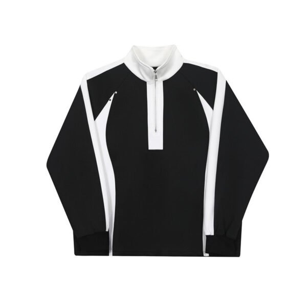 Stylish Black And White Color-block Metal Stud Embellished Casual Stand-up Collar Sweat Shirts