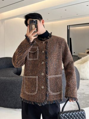 Three Dimensional Tweed Brown Woven Blazer Raw Edge Round Collar Metal Button Small French Chic Style Jacket