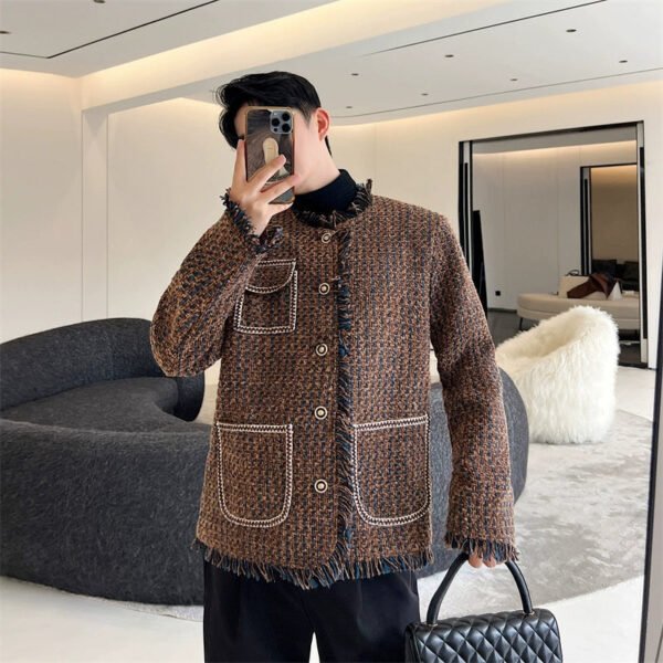 Three Dimensional Tweed Brown Woven Blazer Raw Edge Round Collar Metal Button Small French Chic Style Jacket