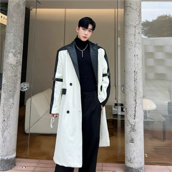 Streetfashion Windbreaker Trendy Personalized Design Black and White Contrasting Long Leather Coat