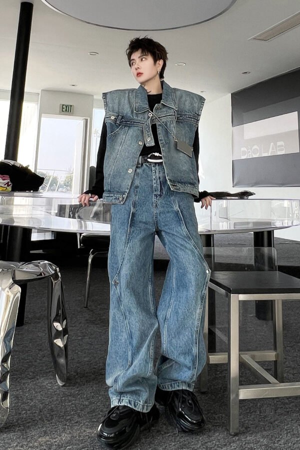 Spring Fashion Trend Solid Color Denim Vest Loose Suits