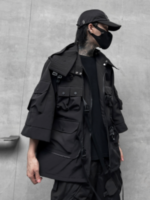 Dark Solid Color Jacket Functional Style Loose Techwear Coat Trendy Brand Hooded Three Quarter Sleeve Jacket-Techwear Coats-Dawfashion-new