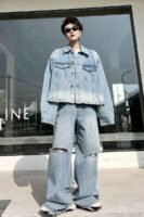 Spring Gradient Ripped Loose Denim Jacket Set Suits