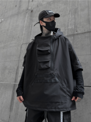 Dark Style Jacket Functional Style Loose Three Quarter Sleeves Long Coat Trendy Brand Cape Hooded Jacket-Techwear Coats-Dawfashion-new