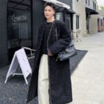 Classic French Chic Mid Length Coat Fashionable Windbreaker Retro Tweed Shiny Silk Long Coat