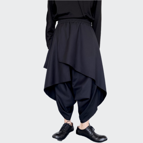 Dark Black Multi layered Design Large Crotch Octagon Pants