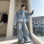 Spring Gradient Ripped Loose Denim Jacket Set Suits