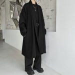 Dark Wind Composite Velvet Long Coat with Straight Collar and Thick Warm Coat