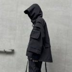 Dark Solid Color Jacket Functional Style Loose Techwear Coats Trendy Brand Hooded Three Quarter Sleeve Jacket