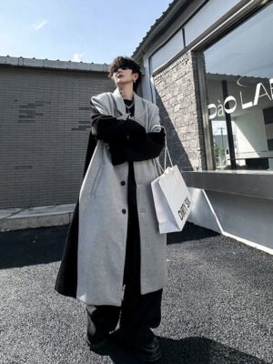 Autumn and Winter Shoulder Pads Contrasting Color Splicing Long Coat  Thickened Loose Woolen Windbreaker Jacket