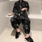 Men's Printed Loose Jumpsuit Black Jumpsuit Half Sleeve Jumpsuit