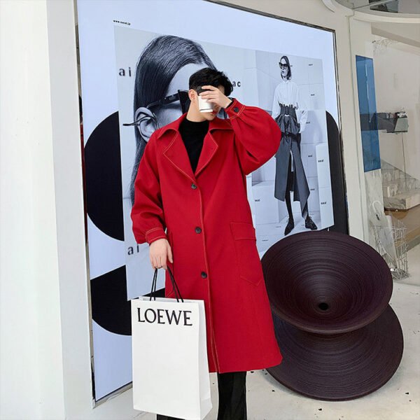 Series Open-line Lantern Sleeve Raglan Over The Knee Long Trench Coat with Belt