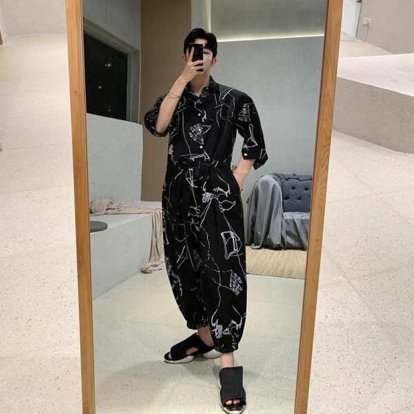 Men's Printed Loose Jumpsuit Black Jumpsuit Half Sleeve Jumpsuit